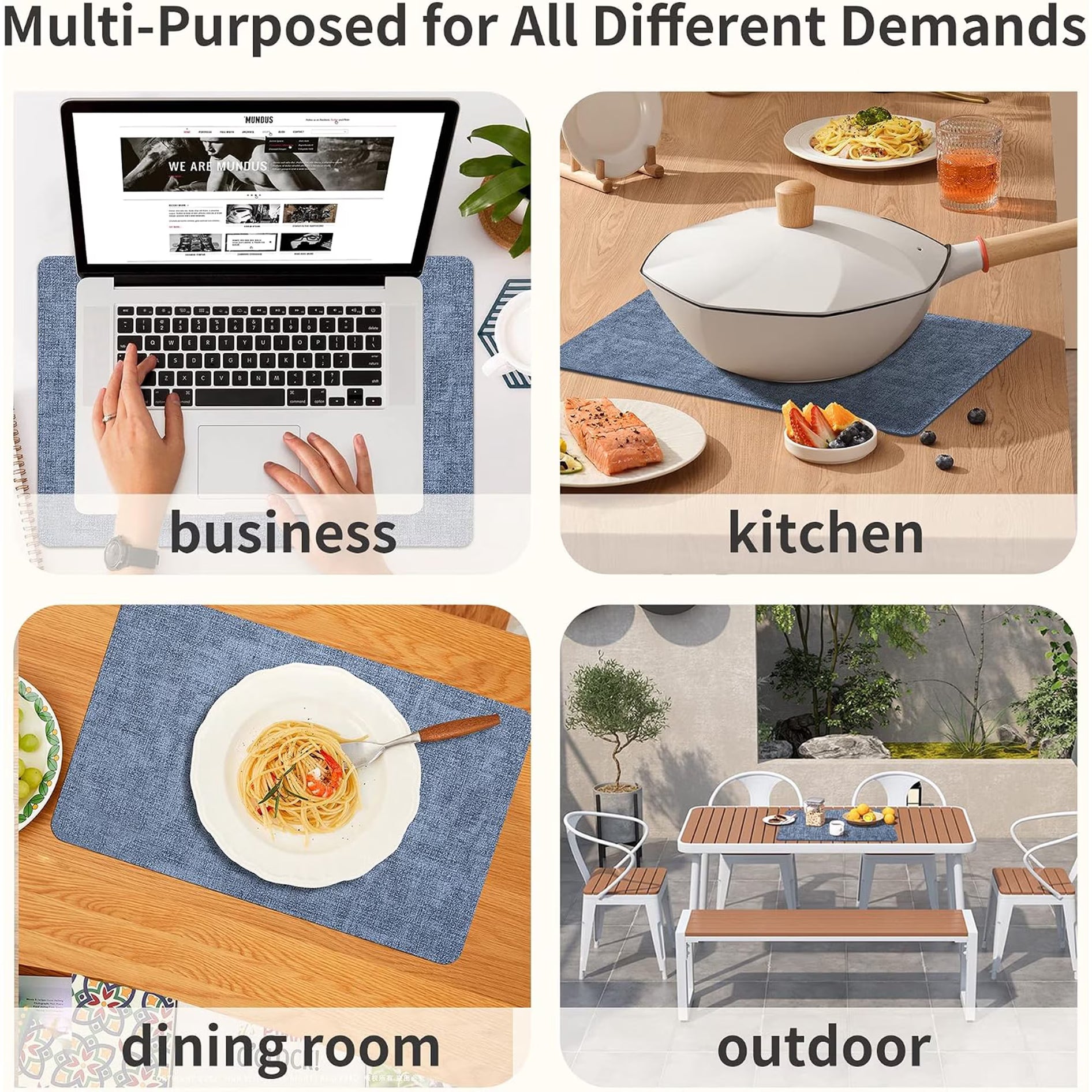 Lifestance Faux Leather Placemats Set of 6, Waterproof Heat Resistant Non Slip Dining Table Mats, 17x12 inch Rectangle Blue, Indoor Outdoor Use