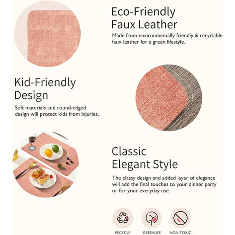 Lifestance Faux Leather Placemats Set of 6, Waterproof Heat Resistant Non Slip Dining Table Mats, 17x12 inch Rectangle Peachy Pink, Indoor Outdoor Use