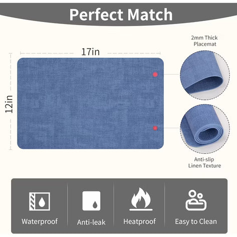 Lifestance Faux Leather Placemats Set of 6, Waterproof Heat Resistant Non Slip Dining Table Mats, 17x12 inch Rectangle Navy Blue, Indoor Outdoor Use