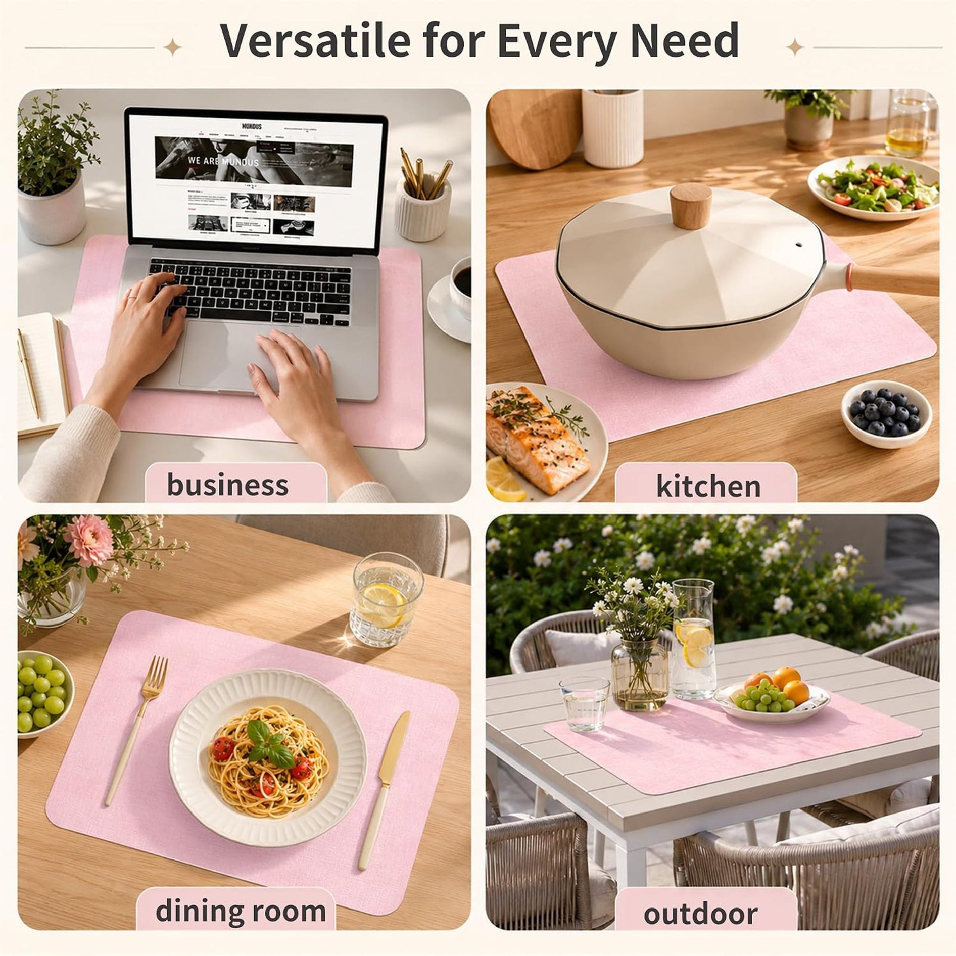 Lifestance Faux Leather Placemats Set of 6, Waterproof Heat Resistant Non Slip Dining Table Mats, 17x12 inch Rectangle Light Pink, Indoor Outdoor Use
