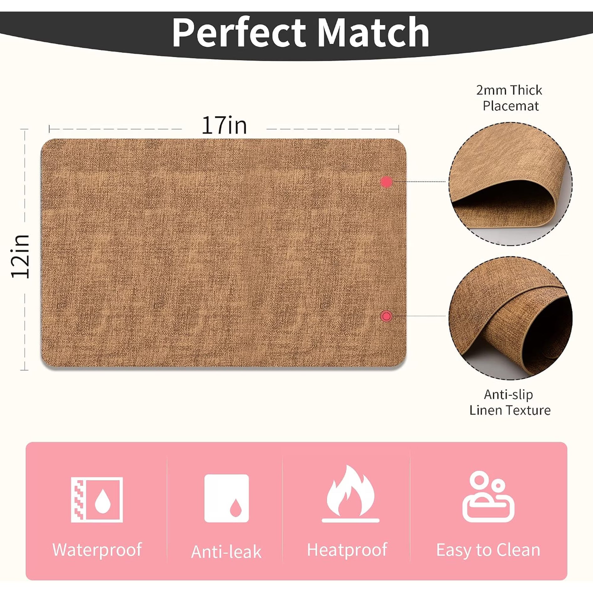 Lifestance Faux Leather Placemats Set of 6, Waterproof Heat Resistant Non Slip Dining Table Mats, 17x12 inch Rectangle Brown, Indoor Outdoor Use