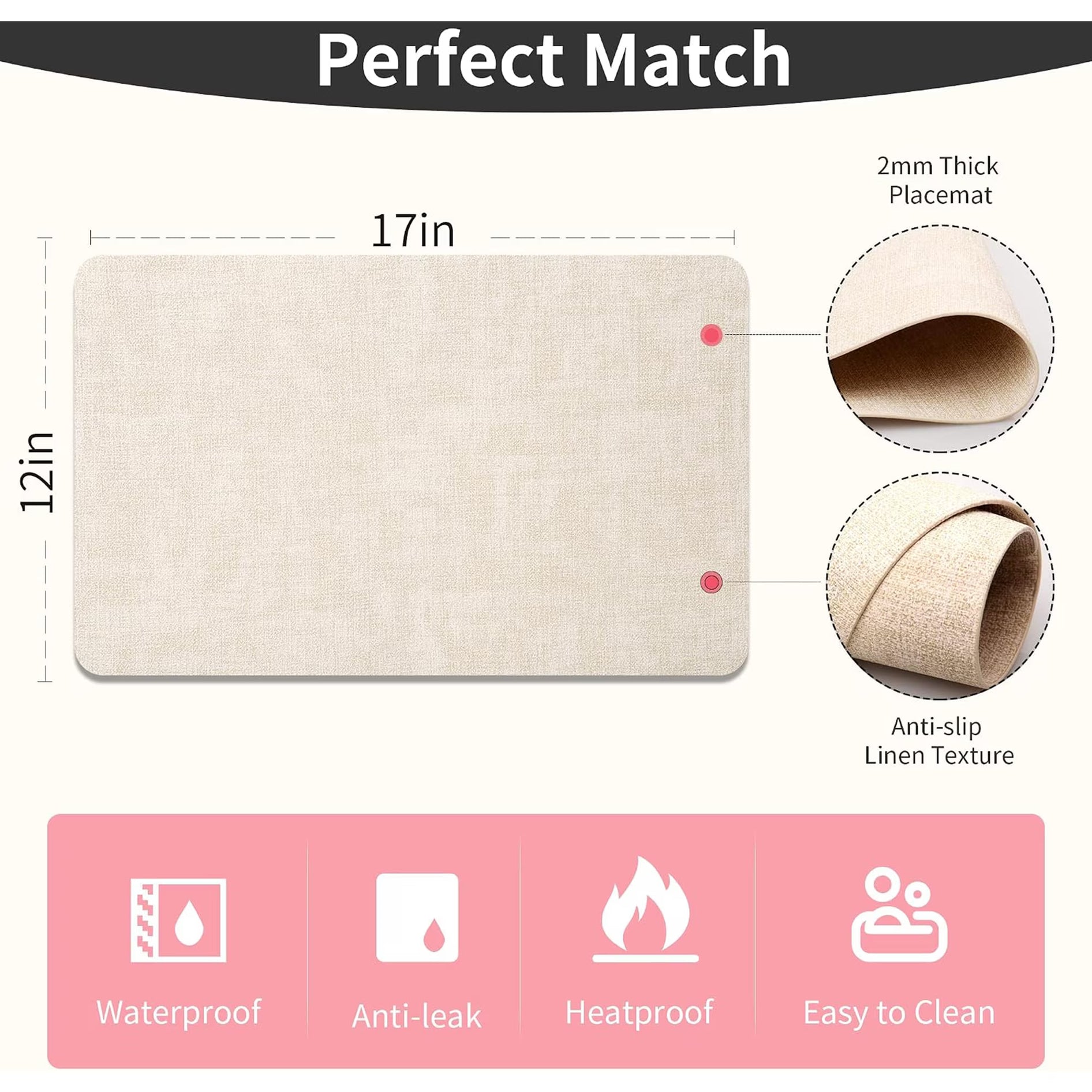 Lifestance Faux Leather Placemats Set of 6, Waterproof Heat Resistant Non Slip Dining Table Mats, 17x12 inch Rectangle Beige, Indoor Outdoor Use