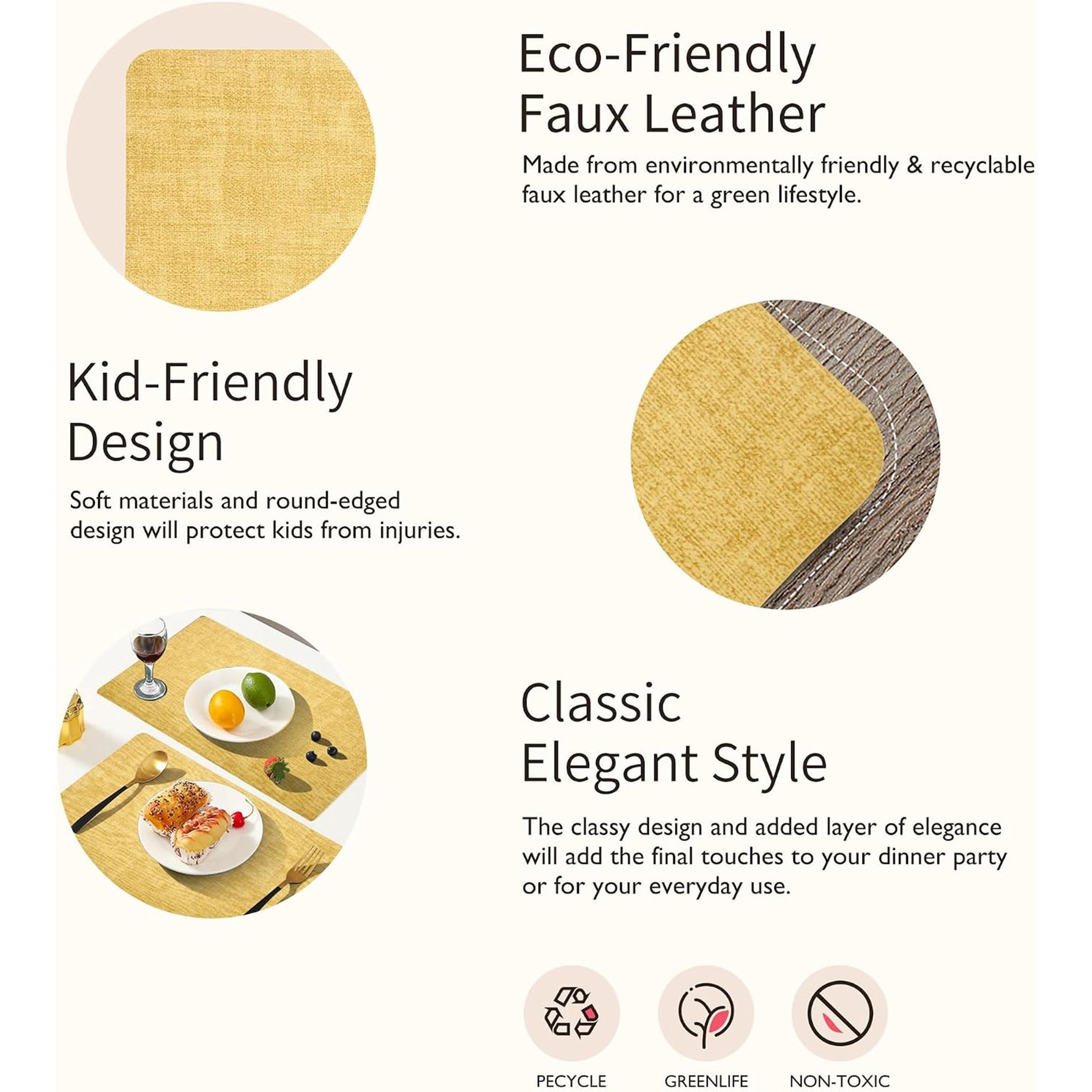 Lifestance Faux Leather Placemats Set of 6, Waterproof Heat Resistant Non Slip Dining Table Mats, 17x12 inch Rectangle Yellow, Indoor Outdoor Use