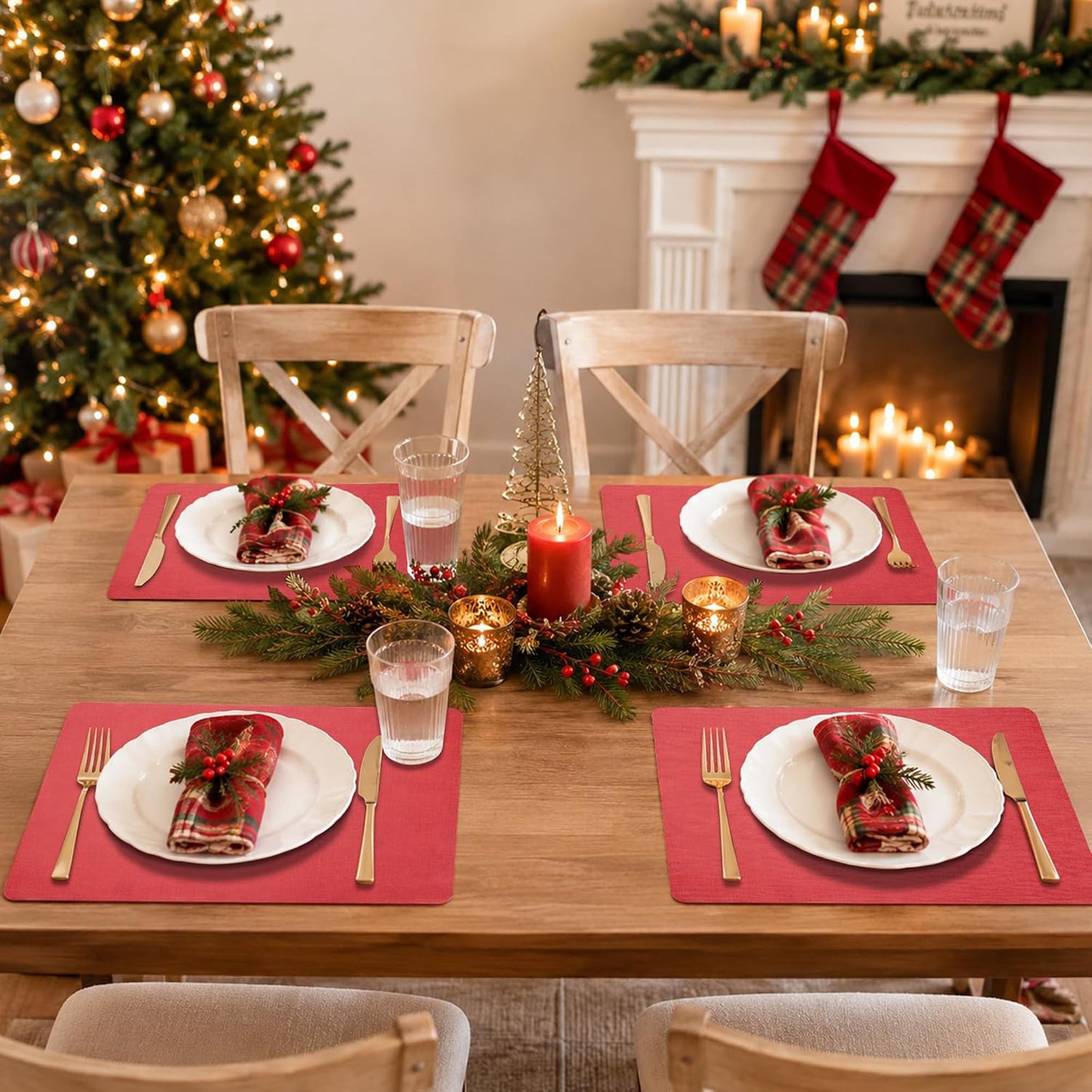 Lifestance Faux Leather Placemats Set of 6, Waterproof Heat Resistant Non Slip Dining Table Mats, 17x12 inch Rectangle Light Red, Indoor Outdoor Use