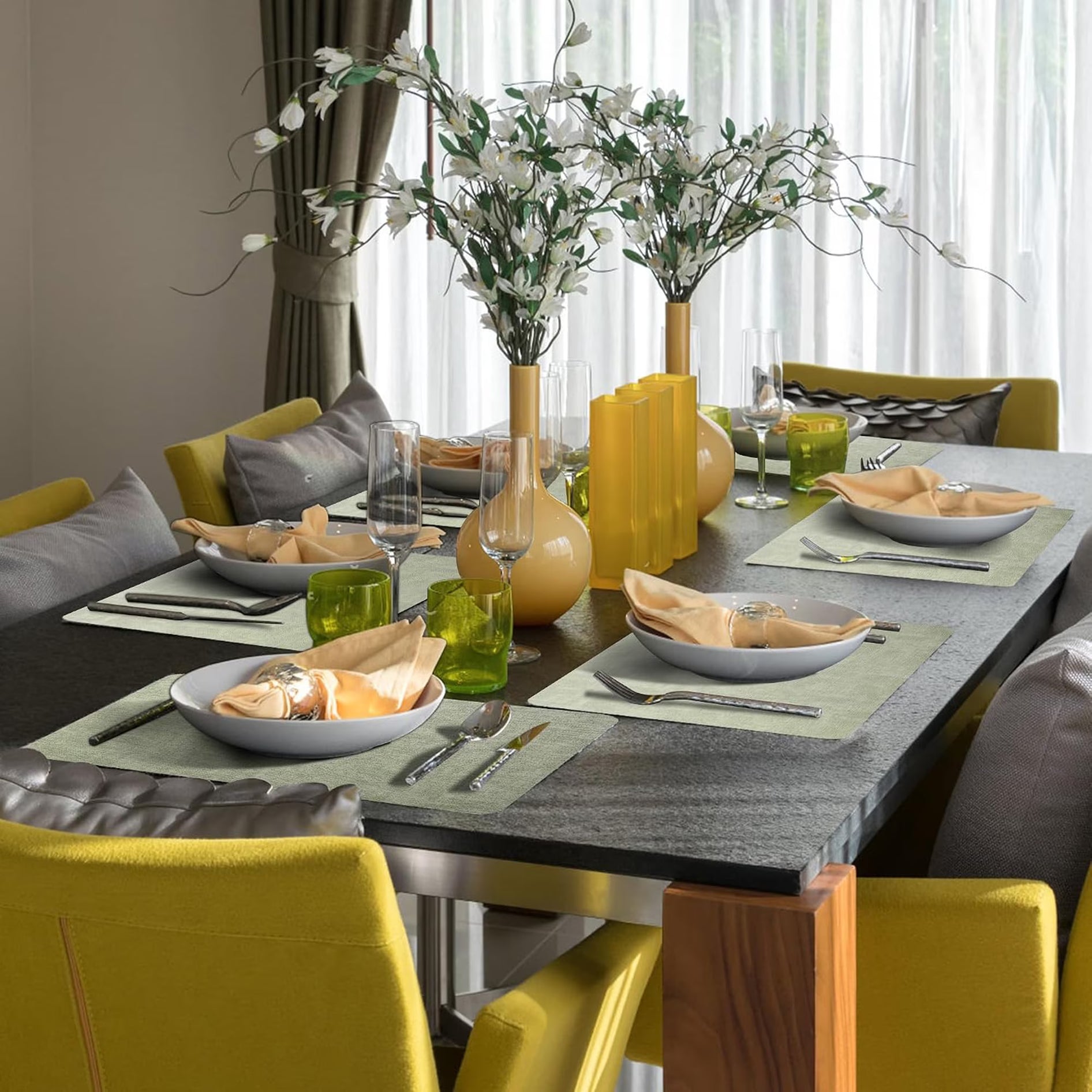 Lifestance Faux Leather Placemats Set of 6, Waterproof Heat Resistant Non Slip Dining Table Mats, 17x12 inch Rectangle Sage Green, Indoor Outdoor Use
