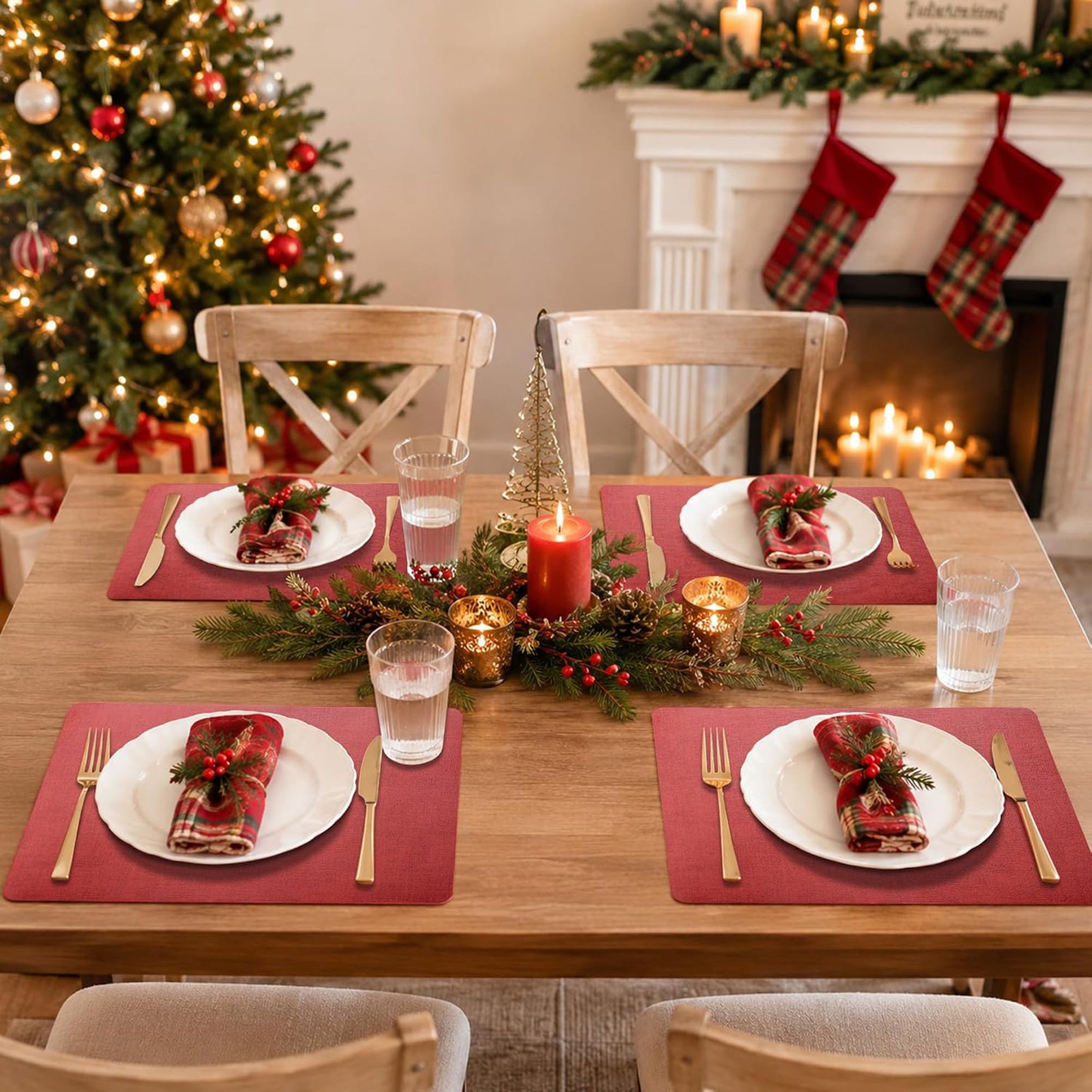Lifestance Faux Leather Placemats Set of 6, Waterproof Heat Resistant Non Slip Dining Table Mats, 17x12 inch Rectangle Red, Indoor Outdoor Use