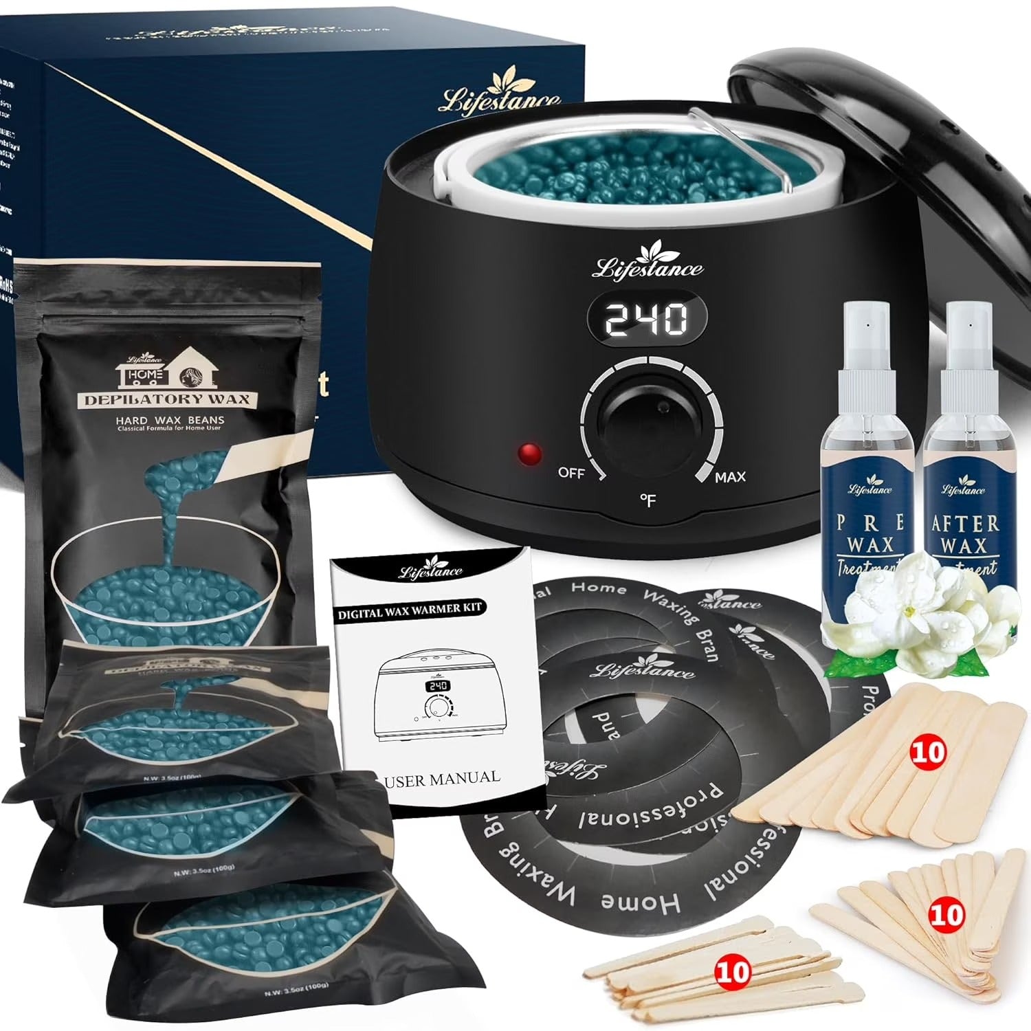Lifestance All-in-One Home Waxing Kit - L2 Digital Wax Warmer Haarentfernungsgerät - 4 Packungen Wachsperlen (insgesamt 14,1 oz) mit 42 Artikeln - Professionelle Wachstöpfe für alle Haartypen - Augenbrauen - Gesicht - Bikini