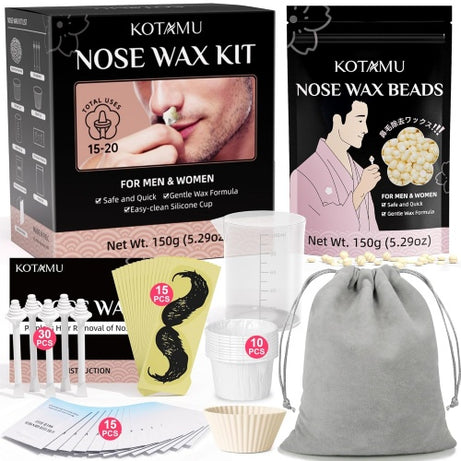 KOTAMU Nose Wax Kit for Men & Women, 20-30 Uses Nose Hair Wax Kit, 150g Coconut Nose Wax Beads for Sensitive Delicate Skin Ear Hair Removal, at Home Nostril Waxing Kit With 95 Wax Accessories